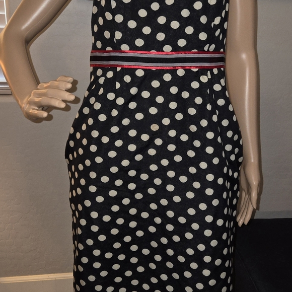 Anthropologie Maeve Polka Peppered Bow Front Pinup Strapless Sheath Dress Black - Picture 3 of 9